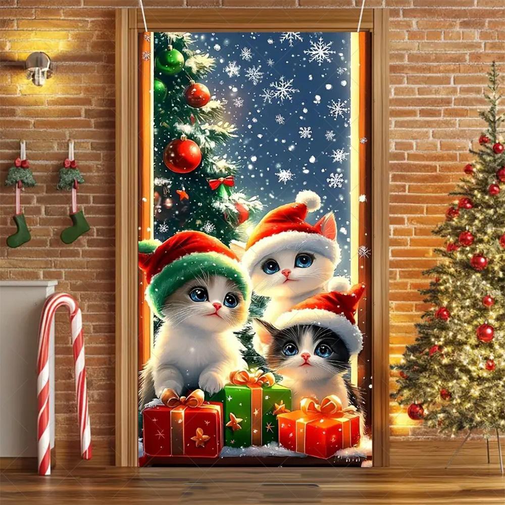 Cartoon Pet New Year Christmas Party Decorations Cat Dog Theme Door Covers Background Supplies Xmas Tree Photography Backdrop