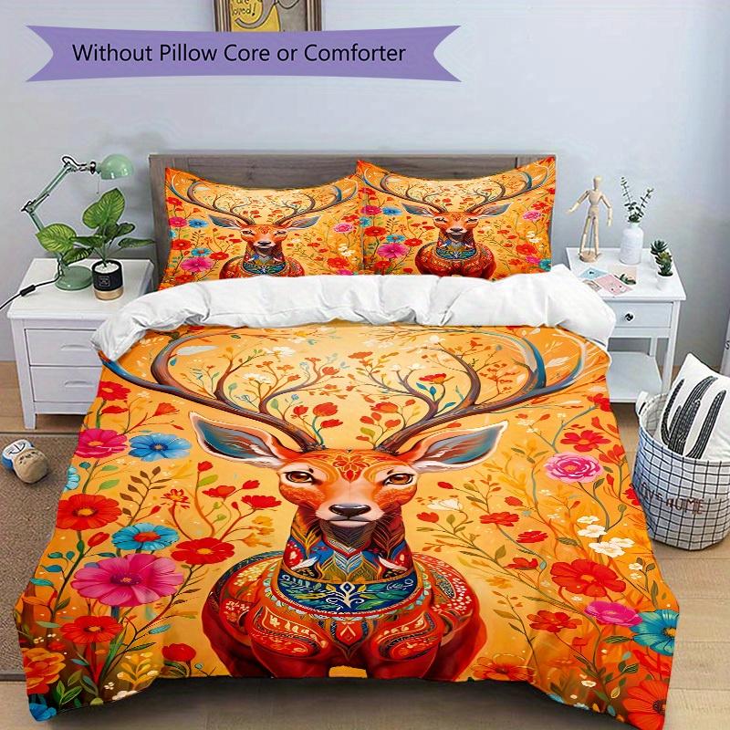 3pcs Animal-themed Deer Flowers Soft and Comfortable Breathability, Bedding Set, Machine Washable, Suitable for All Seasons145