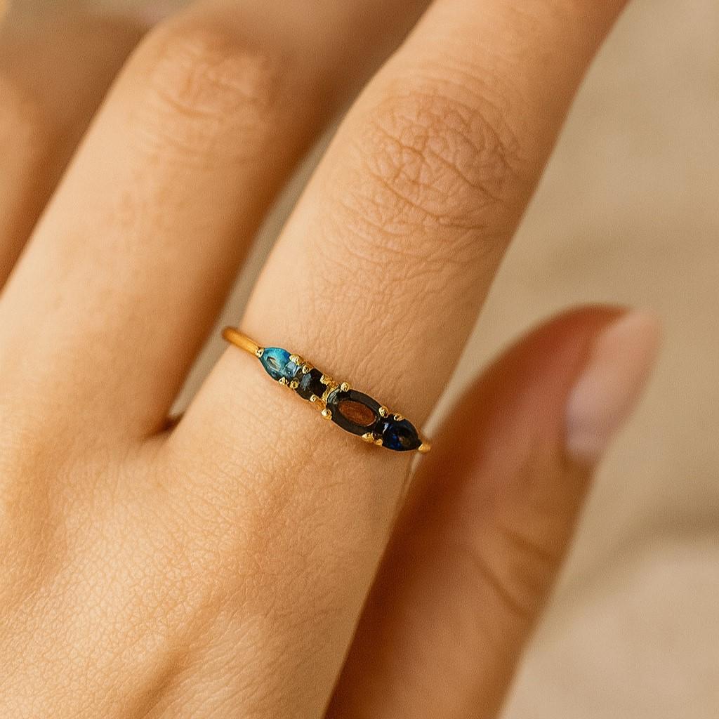 Smokey Quartz Engagement Ring for Women – Yellow Gold Plated Multi-Stone Ring | Sapphire, Aquamarine, Black Feldspar | Anniversary, Promise Gift