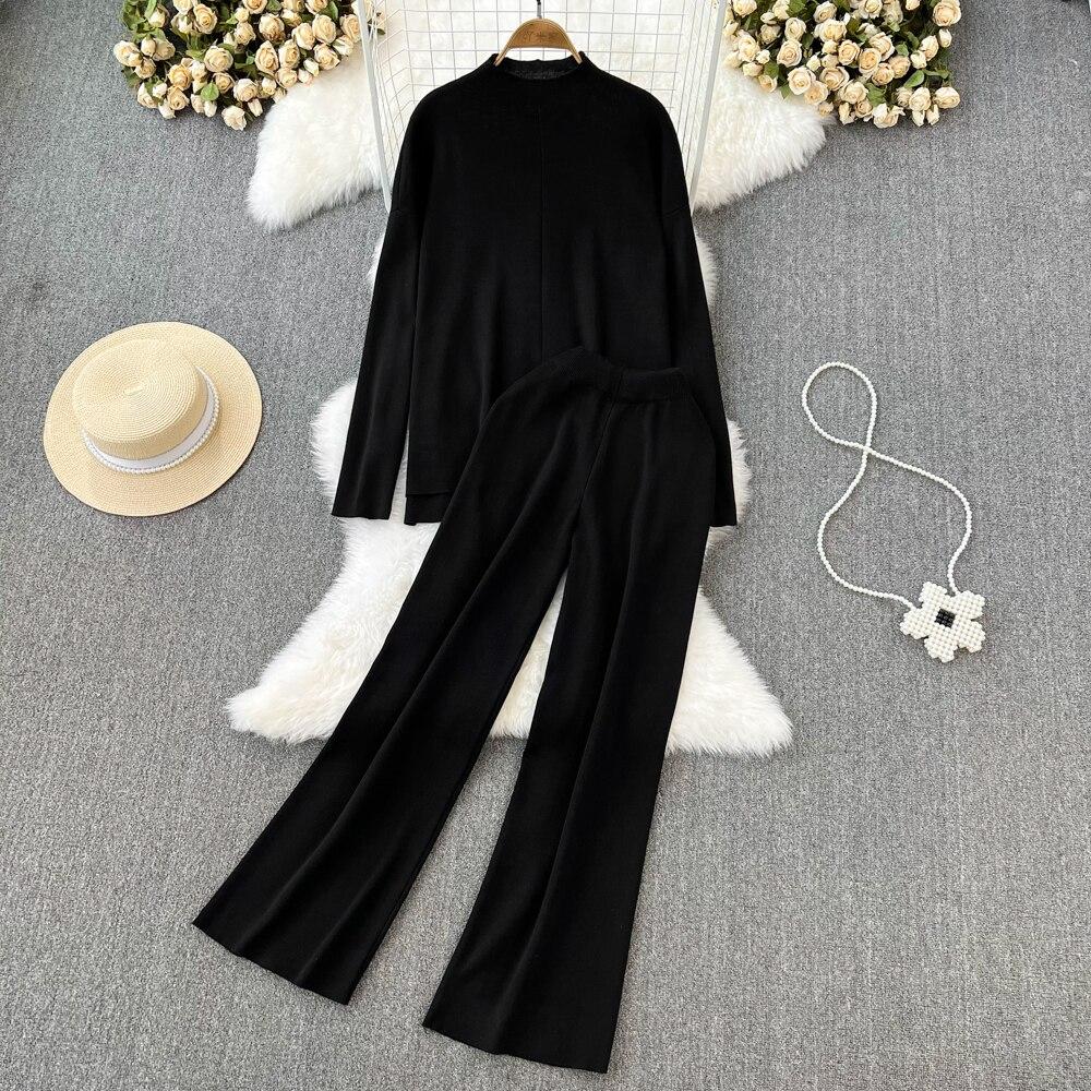 Fashion Collar Loose Long-sleeved Irregular Knit Tops High Waist Thin Straight Pants Two-piece Set