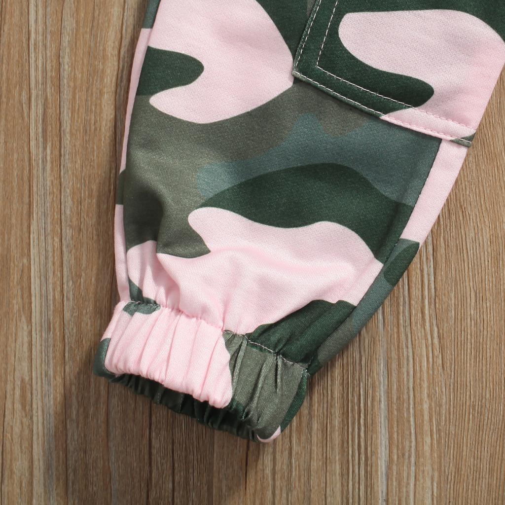 2 Pcs Infant Casual Outfits, Girls Letter Print Long Sleeve Round Neck Sweatshirt + Camouflage Pants with Pockets