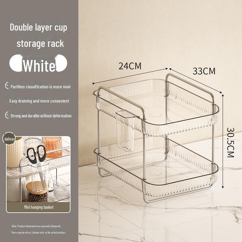 Transparent PET Plastic Desktop Cup Storage and Drain Rack - Two-Layer Multi-Purpose Hanging Basket.