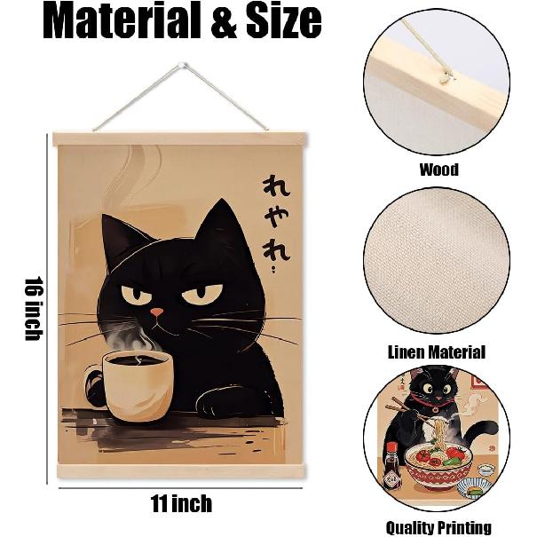 4 Pcs Vintage Japanese Cat Wall Art Hanging Banner, Japanese Noodle Sushi Linen Banner Poster Hanger Wall Decor for Home Kitchen Dining Room Wall