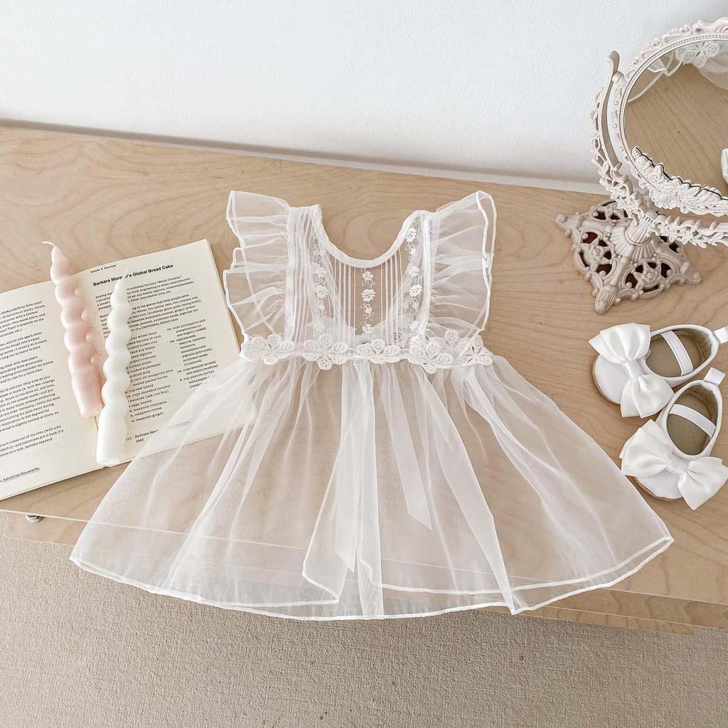 Весенний комбинезон для девочек из хлопка и кружева с вышивкой 2024 года - сетчатое платье принцессы для малышей на один год