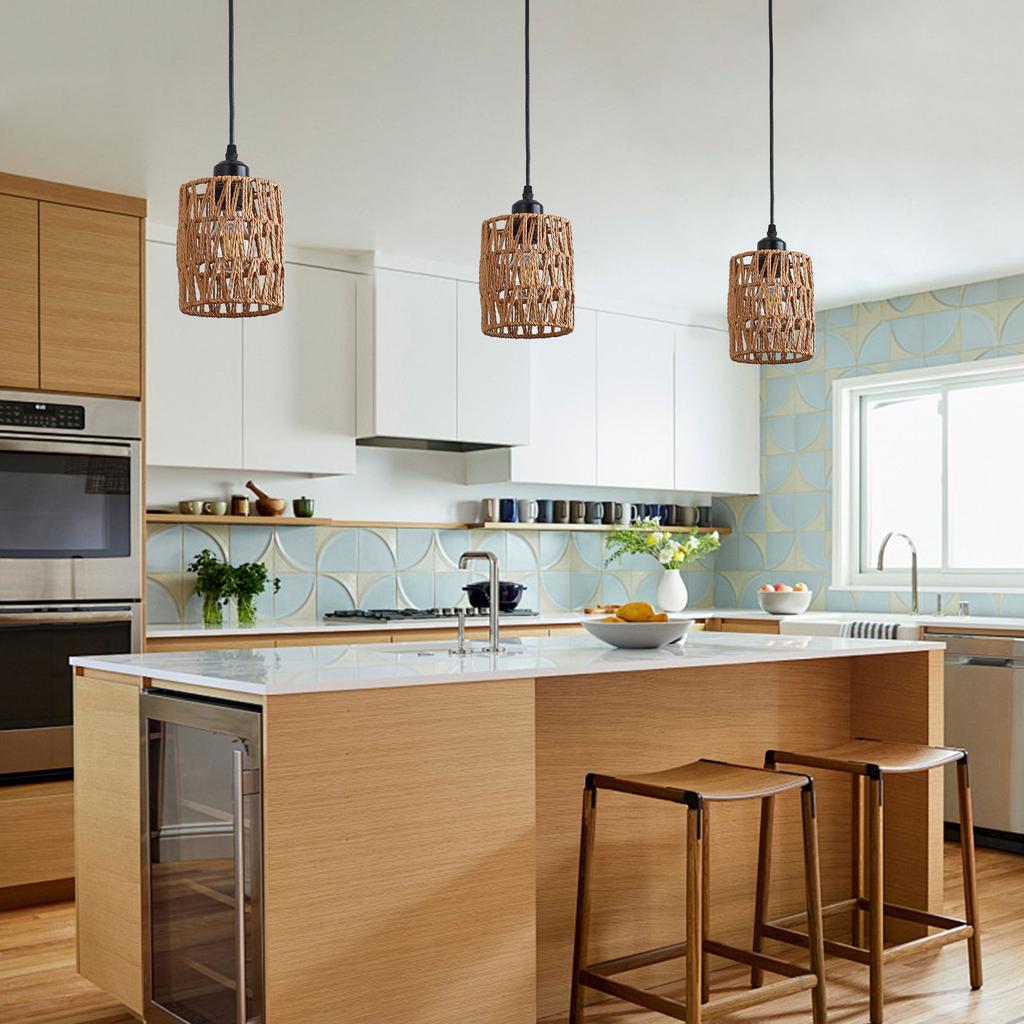 3-Pack Woven Paper Rope Pendant Lights With E26 Base - Rustic Adjustable Height (0-53 Inch) Chandelier for Dining Room & Bedroom