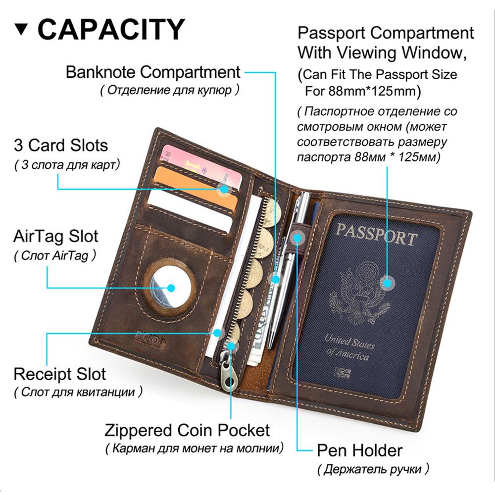 New Black Vintage Crazy Horse Leather RFID Blocking Passport Wallet With AirTag Slot, Family Couple Travel Document ID Holder