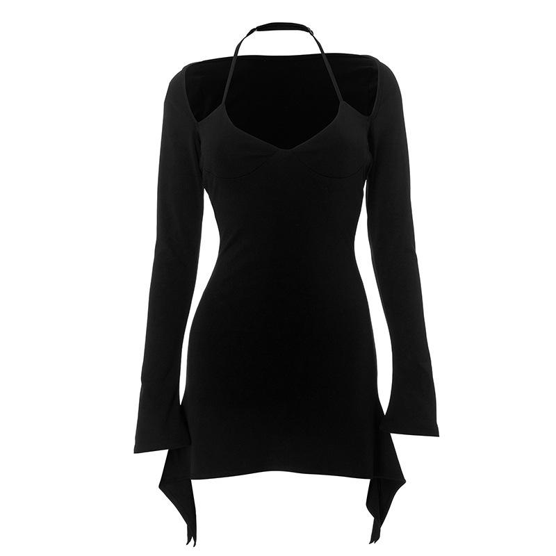 Женское однотонное платье с глубоким вырезом, длинными рукавами и открытой спиной в европейском и американском стиле на осень