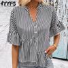 Женские модные повседневные блузки и рубашки с v-образным вырезом и короткими рукавами в полоску с принтом