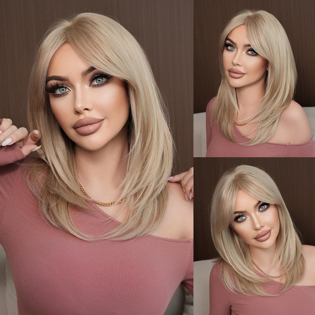 Light Gray Blonde Shoulder Straight Wig for Women - Asian Babe Curtain Bangs, Heat Style Trim Ready, High Quality Machine Made Full Cap Wig