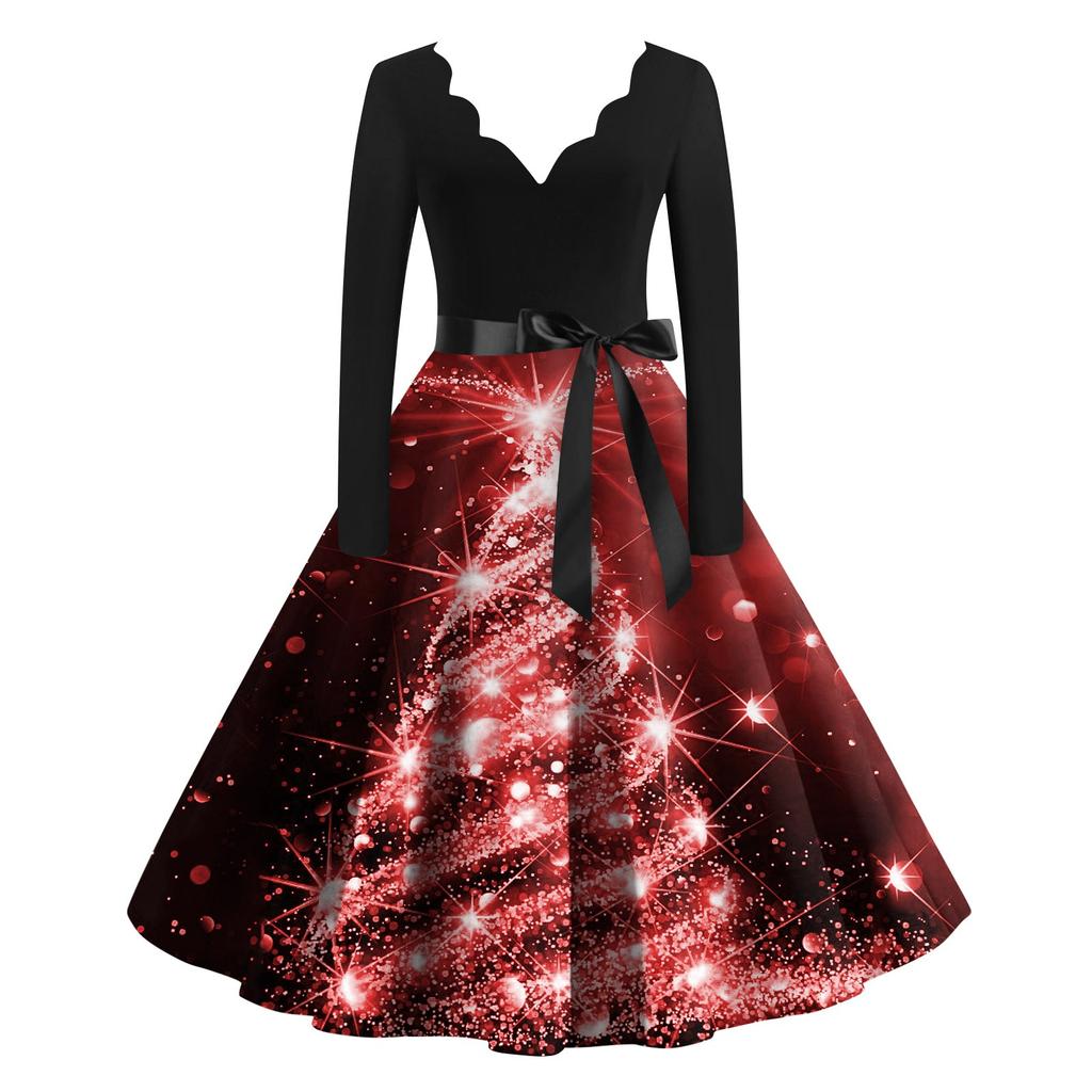 Женские рождественские повседневные модные винтажные платья с v-образным вырезом и длинными рукавами с принтом