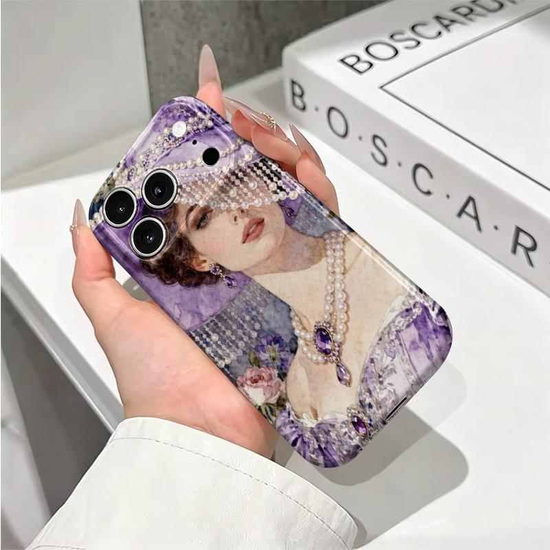 Enchanted Purple Pearl Lady Watercolor Portrait Art Film Aesthetic Protective Shockproof Bumper Phone Case Cover For iPhone 14 15 16 17 Pro Max Plus
