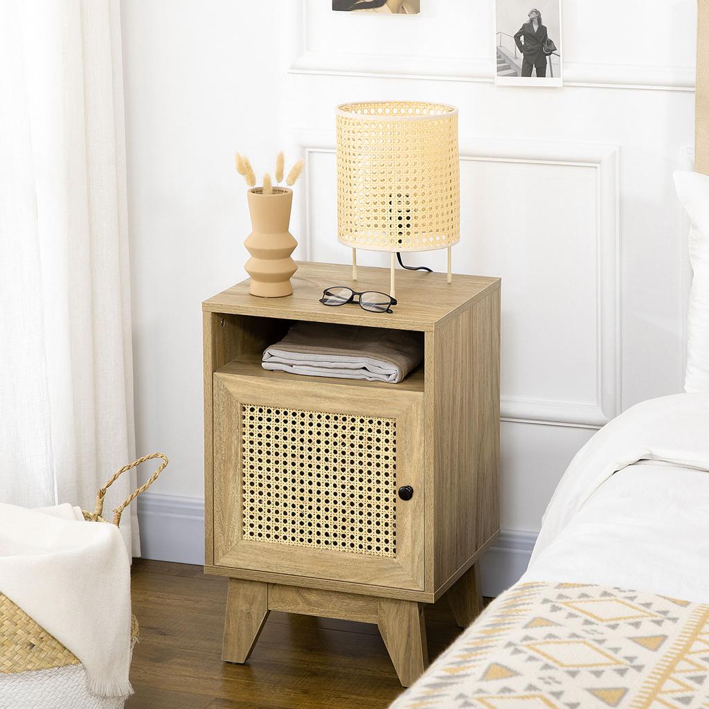 Narrow Rattan Nightstand, Side End Table with Shelf and Cupboard, 39cm x 35cm x 60cm, Natural