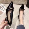 Patent Leather High Heels Black Professional Stiletto 2025 Spring and Summer Temperament Metal Buckle Pointed Head Shallow Mouth Sexy Middle Heel Sin