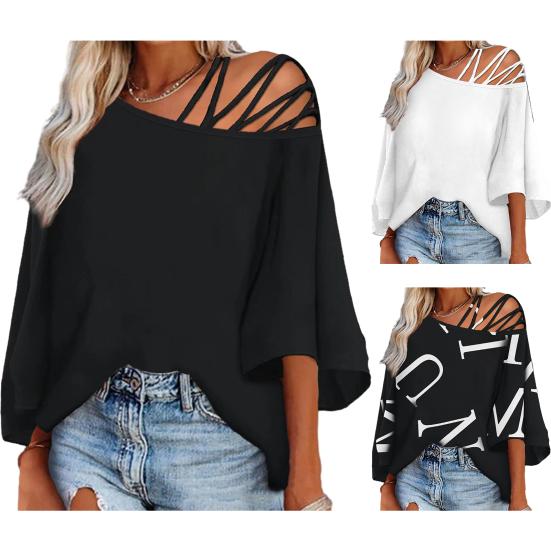 Женский топ с вырезом на одно плечо, косая шея, сплошной цвет, с буквенным принтом, свободные рукава три четверти, мягкая дышащая женская футболка средней длины