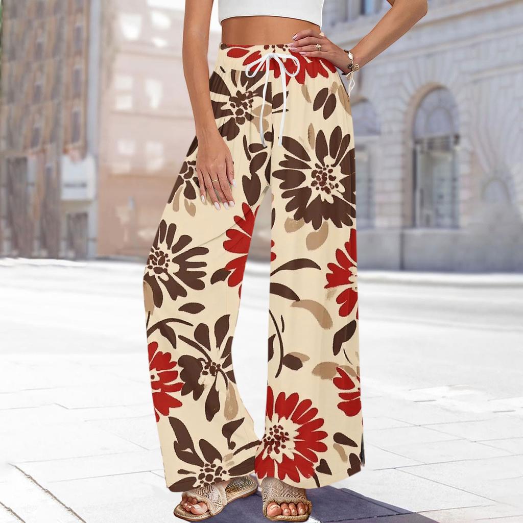 Женские брюки с принтом и широкими штанинами, с карманами, с высокой талией, на кулиске, свободные, повседневные