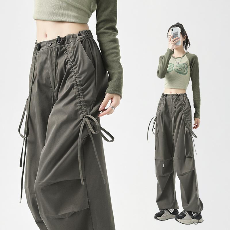 American Overalls Women's Spring and Autumn Hiking Pants High Waist Retro Loose Wide-leg Bow Casual Sports Cargo Pants