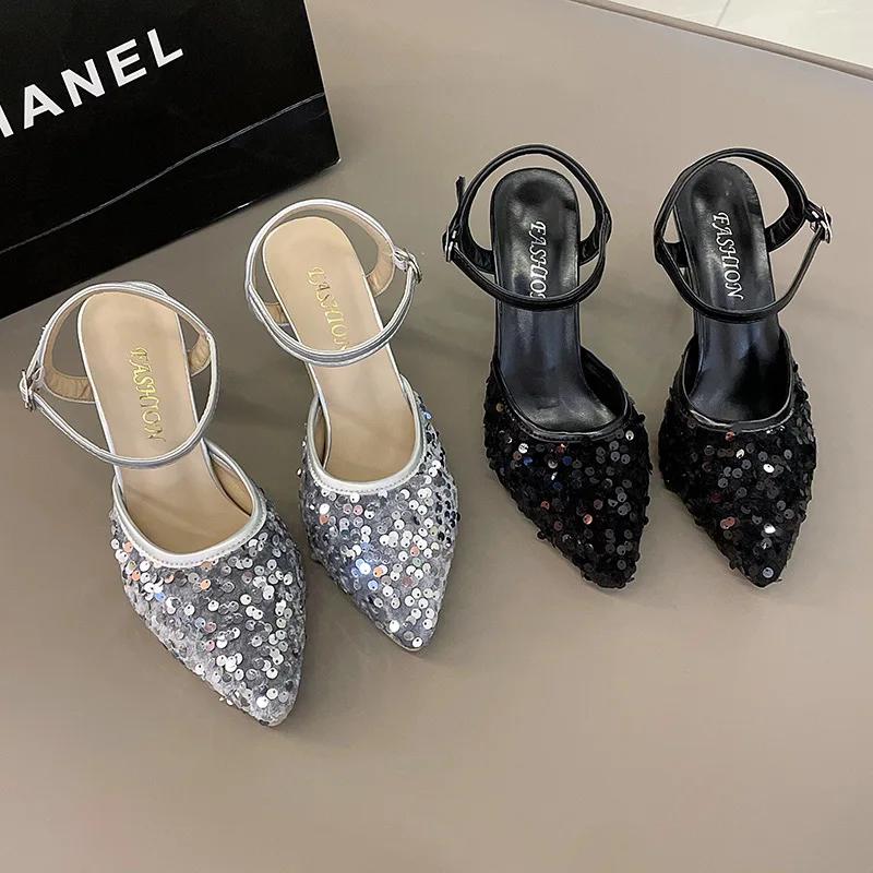 Мода 35-42 Размер Большой Размер Женская Обувь Широкие Полные Ноги Лето 2025 Новые Босоножки с Закрытым Носком Острый Каблук-Шпилька