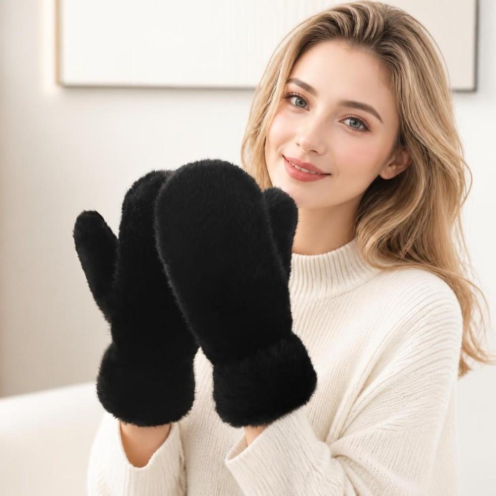 1pair Windproof Plush Gloves Thickened Winter Mittens Simple Full-Finger Gloves Women