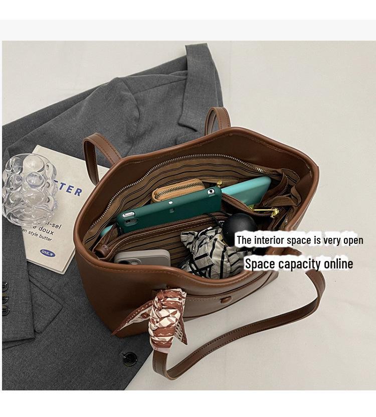 Женская сумка через плечо большой вместимости 2024 года — простая, фактурная сумка-тоут с контрастной строчкой для студентов колледжей и поездок на работу