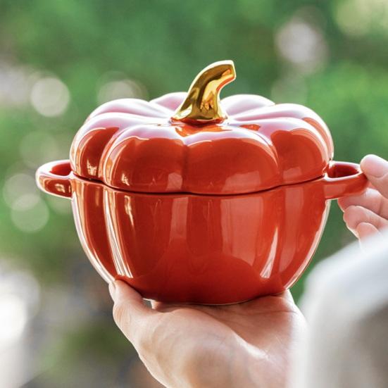 Тыквенная миска с двойными ручками, штабелируемые керамические тыквенные суповые миски, глянцевый эмалированный контейнер для тыквенных закусок для выпечки, сервировки, подарка на Хэллоуин