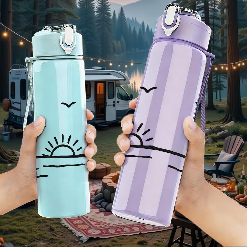 1PC Sunrise Seagull Ocean Pattern 750ml Color Plastic Sports Water Bottle Leakproof Flip Straw Lid Suitable for Sports Office Home Use