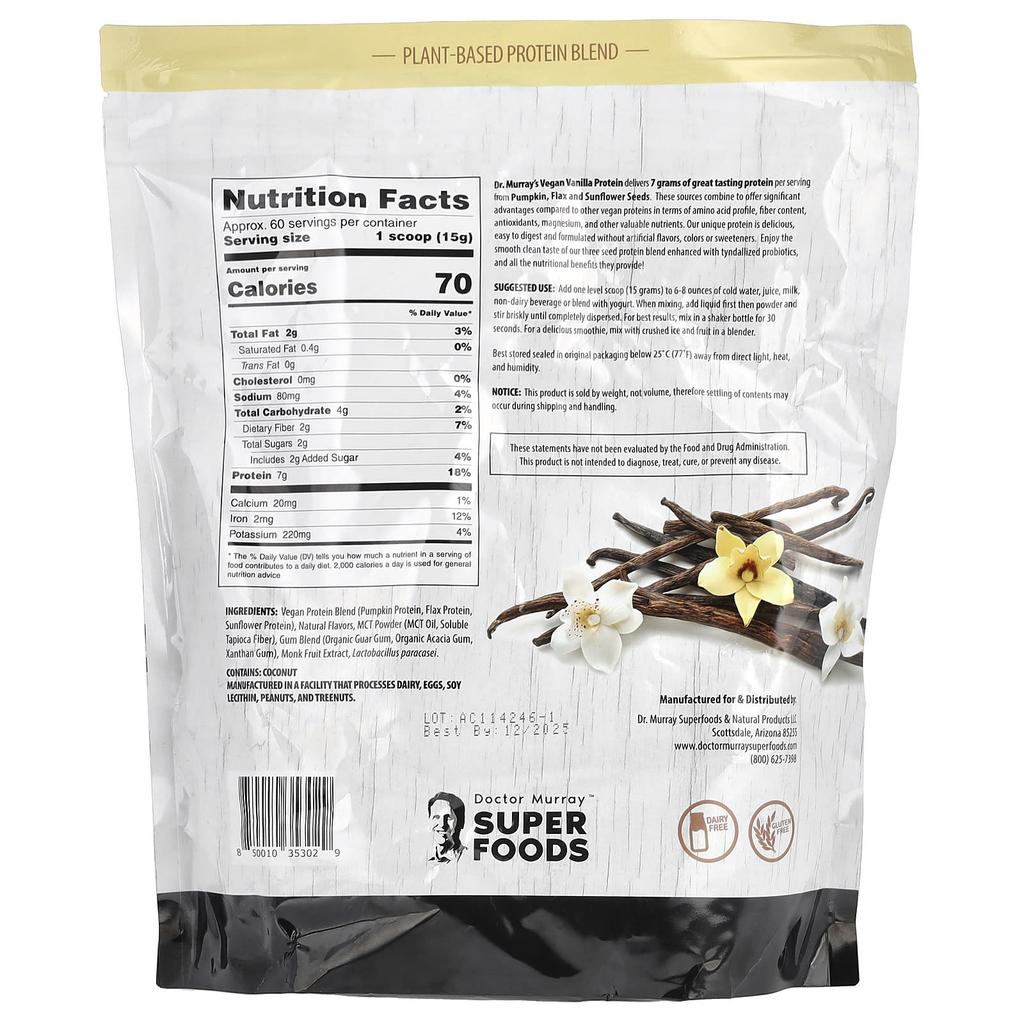 Dr. Murray's Superfoods, 3-Seed Protein Powder, Pumpkin + Flax + Sunflower, Vanilla, 2 Lb (908 G)