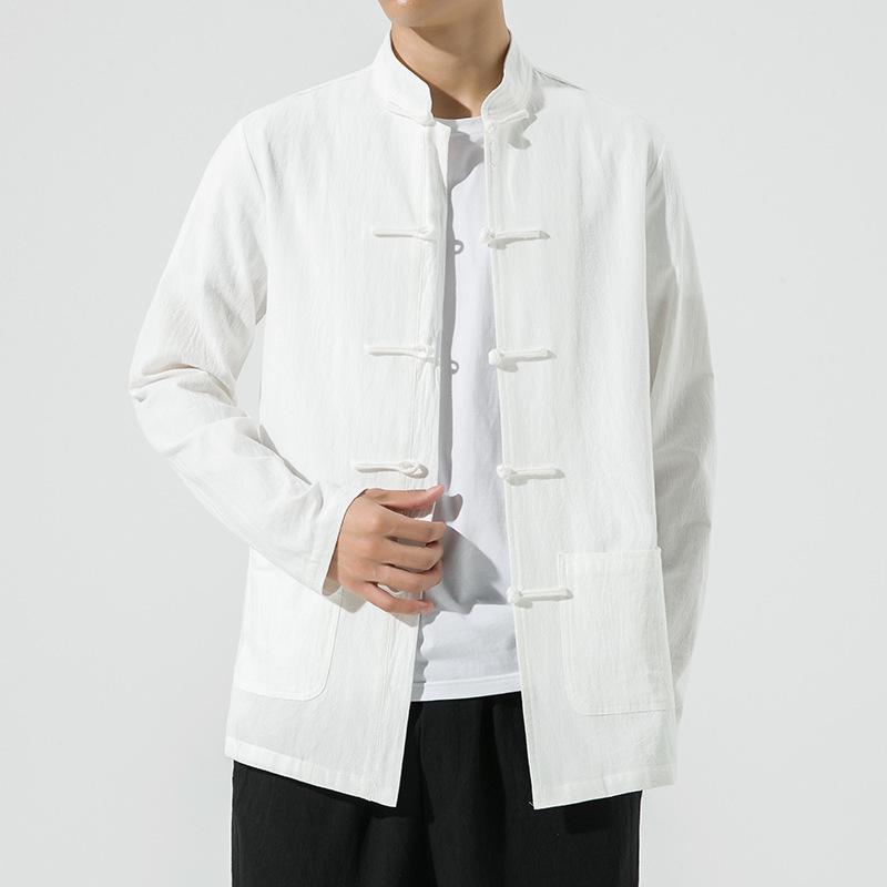 Мужская китайская ретро рубашка Тан с длинным рукавом - Однотонная, свободного стиля костюма для чаепития