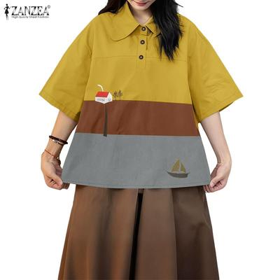 Женская повседневная блузка с отложным воротником, свободного кроя, с коротким рукавом и принтом