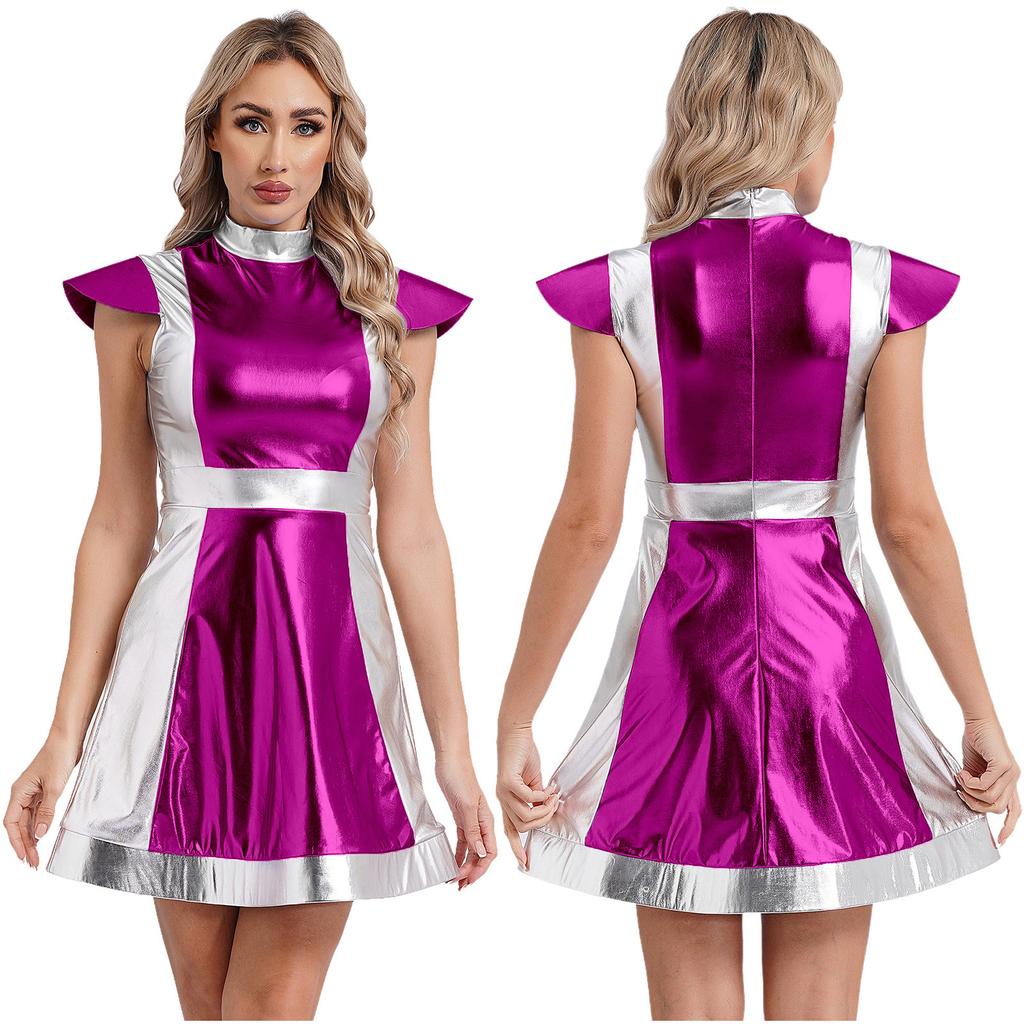 Women's Space Fighter Costume Alien Dress-Up, Metallic Shiny Contrast Dress with Mock Neck & Cap Sleeves for Halloween Cosplay