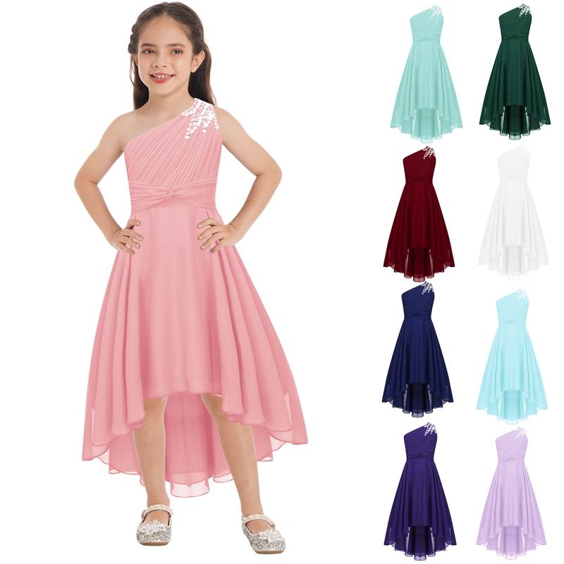 Kids Girls Ruched Shiny Beaded One Shoulder Dress High Waist High-low Hem Party Dress for Evening Proms
