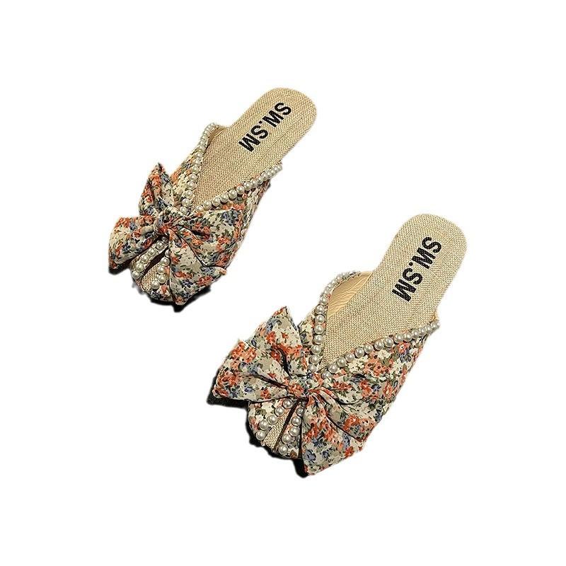 Тапочки женские летние верхние туфли 2025 новые маленькие цветочные жемчужные сандалии с сумкой на голову полудраг плоская подошва универсальные модные сандалии с рыбьим ртом