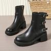 2024 Новая Универсальная Женская Обувь Ретро Рыцарские Сапоги Однотонные На Толстой Подошве Кожаные Ботильоны Модные Женские Туфли на Высоком Каблуке