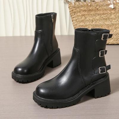 2024 Новая Универсальная Женская Обувь Ретро Рыцарские Сапоги Однотонные На Толстой Подошве Кожаные Ботильоны Модные Женские Туфли на Высоком Каблуке