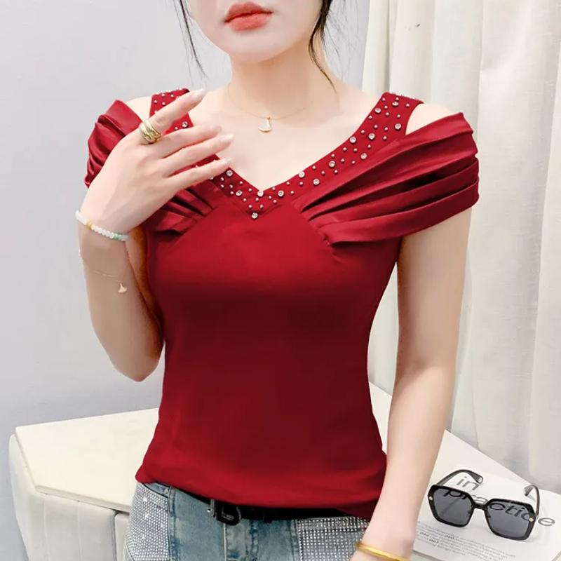 Классическая летняя женская сексуальная футболка с V-образным вырезом и горячими бриллиантами, элегантные женские топы и футболки с открытыми плечами, хлопковые футболки с короткими рукавами