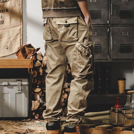 Men Casual Cargo Pants Elastic Waistband Drawstring Multi Pockets Hip Hop Slacks Shrinkable Cuffs Long Trousers