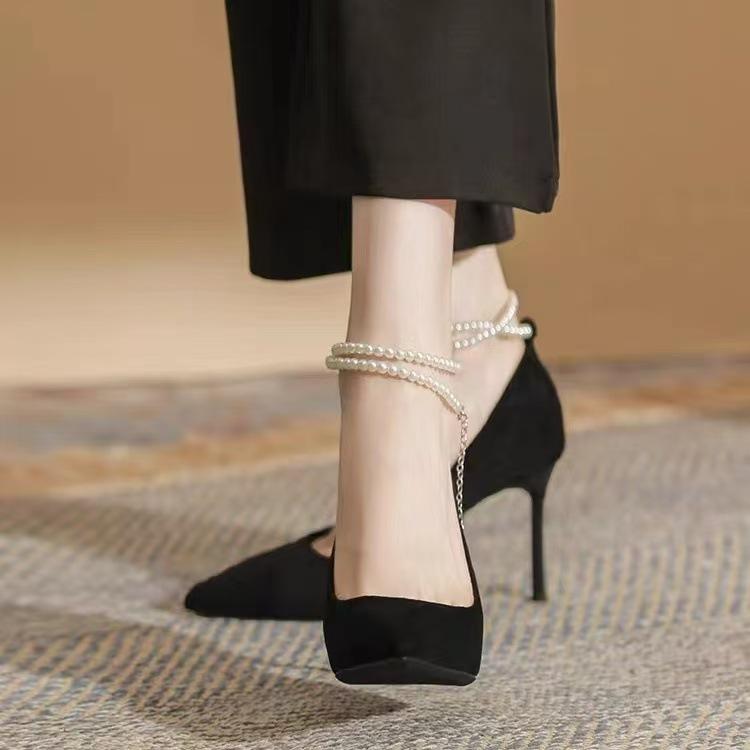 Thin heel temperament socialite pearl buckle belt pointed single shoes 2025 new fairy style black suede high heels women