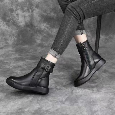 Женские ботильоны на плоской подошве из мягкой кожи в британском стиле - на теплой вельветовой подкладке для осени и зимы