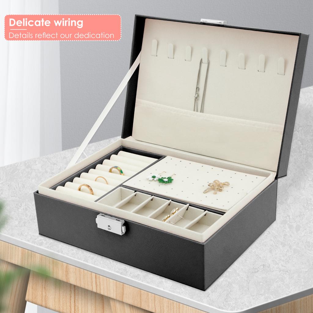 Большая шкатулка для хранения украшений 2 яруса Шкатулки для хранения украшений с замком Для украшений Ожерелье Серьги Браслет Кожаные шкатулки для украшений