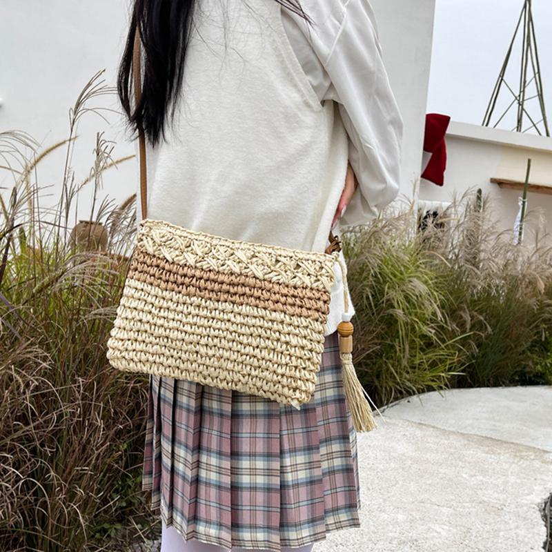 Yogodlns Женская летняя пляжная сумка через плечо с выемкой, большая вместимость, плетеная соломенная дорожная сумка с регулируемым ремешком, сумка через плечо