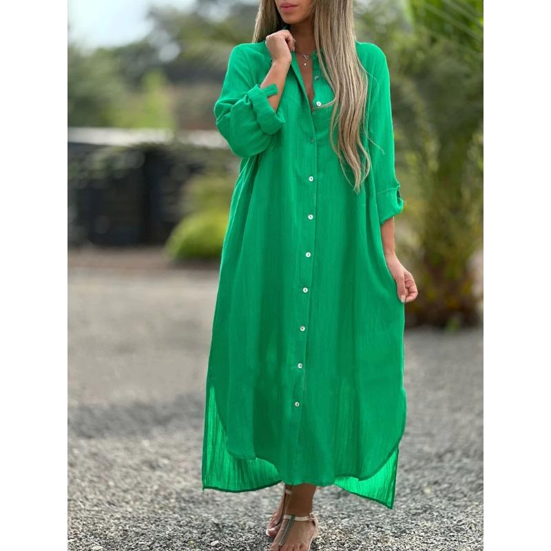 Women's Plus Size Maxi Dress Lapel V-Neck Long Sleeve Dress Casual Solid Color Single-Breasted Long Dress