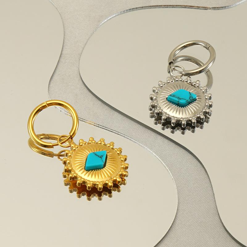 European and American fashion stainless steel round earrings, featuring a unique and versatile sunflower and turquoise design, women's style