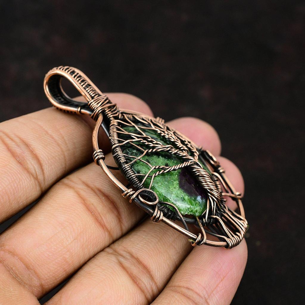 Древо жизни, кулон с рубином и цоизитом, медная проволока, кулон, драгоценный камень, медные украшения, кулон ручной работы, кулон с рубином и цоизитом, подарок для мамы