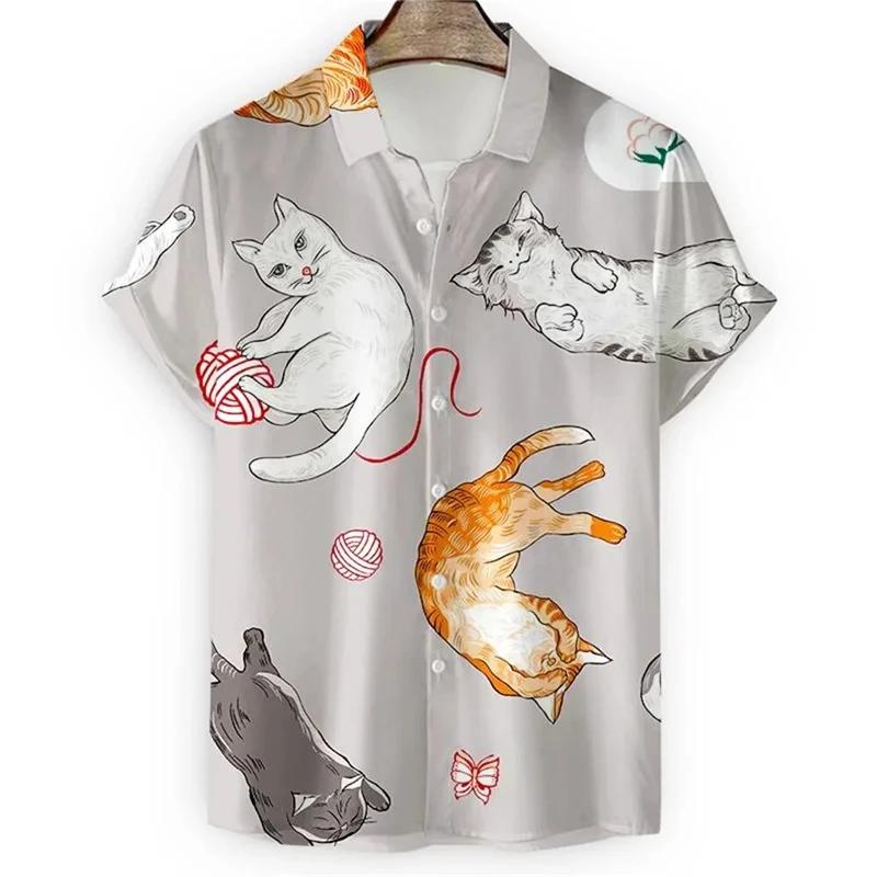 Новая рубашка Kawaii 3D Cartoon Anime Cat Print Shirt для мужчин Cool Designs Short Sleeve Button Hawaiian Shirts Holiday Beach Tops Bloose