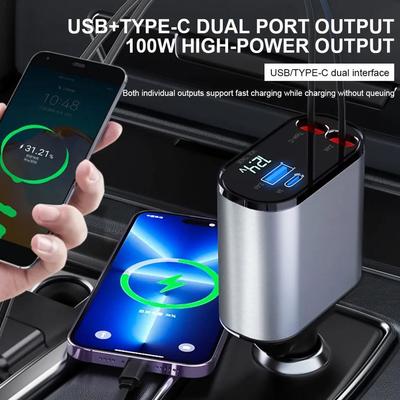 120 Вт 4 в 1 выдвижное автомобильное зарядное устройство USB Type C кабель для iPhone шнур для быстрой зарядки адаптер прикуривателя