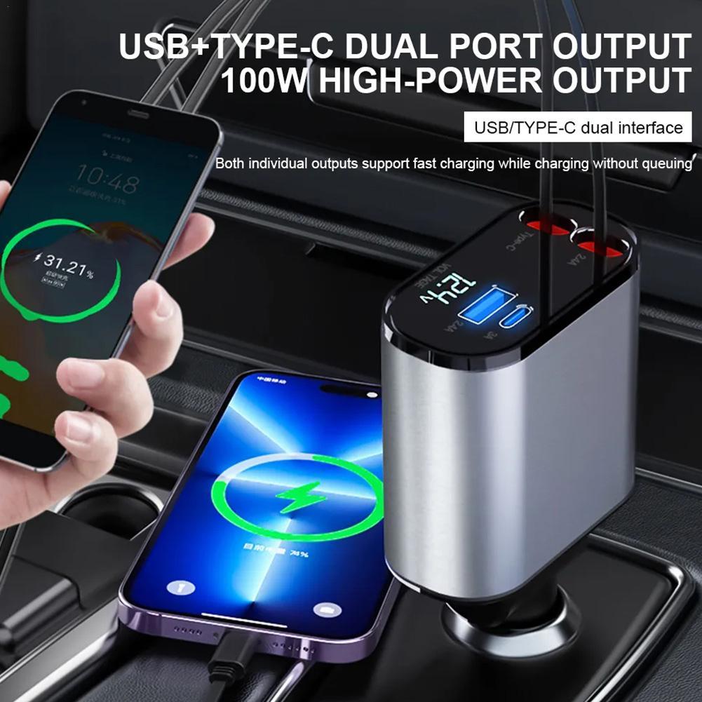 120W 4 IN 1 Retractable Car Charger USB Type C Cable For IPhone Fast Charge Cord Cigarette Lighter Adapter