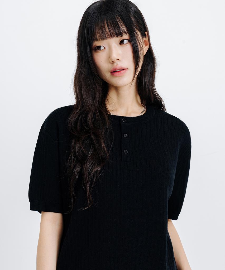 LEMAIN SECOND Classic Henley Neck Washable Short Sleeve Knit [Black]