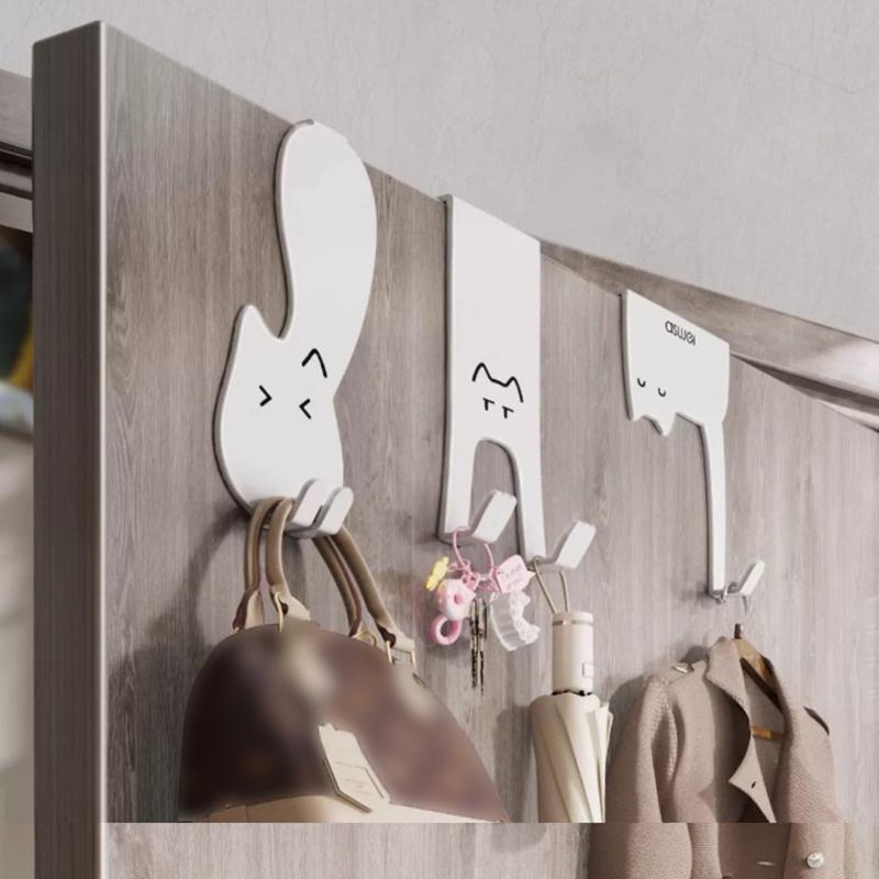 Cute Cartoon Cat Behind Door Hook Home Punch Free Kitchen Bathroom Cabinet Hanger Multi-Purpose Iron Key Hat Clothes Hook