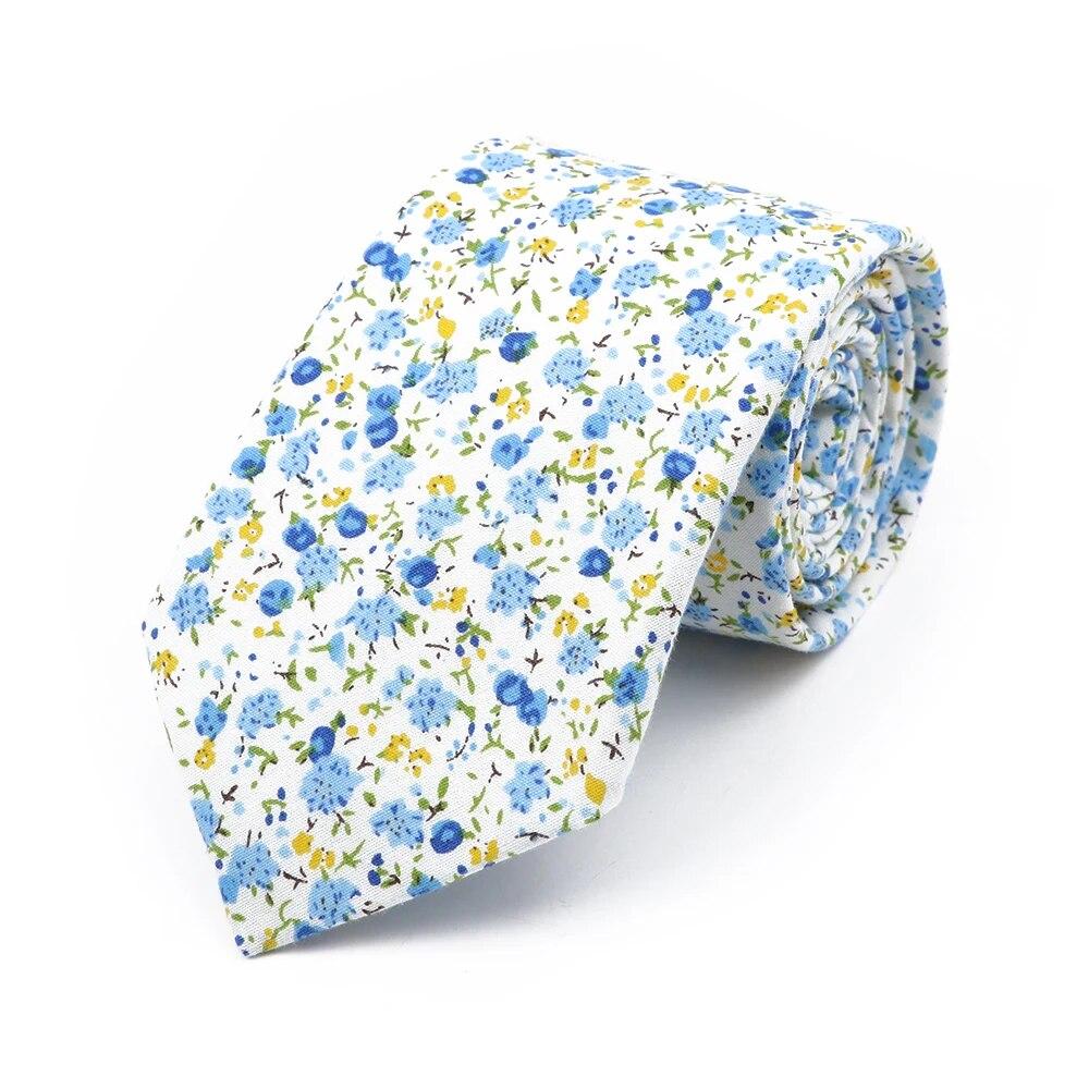 Floral Tie, For Men Women, 100% Cotton, Elegant Flower Necktie, White, Blue, Narrow Skinny, Wedding, Party