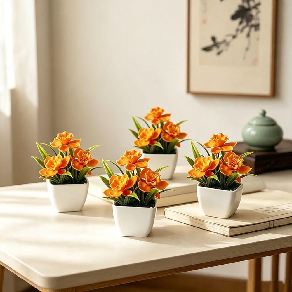 With Flowerpot Artificial Flower Bonsai Green Leaves Faux Potted Flowers Office Hotel