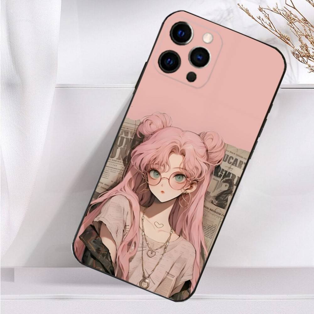 Beauty Girl Cartoon Pink Case For iPhone 16,15,17,14,13,12,11 Plus,Pro Max,XS,X,XR,SE,Mini,8,7 Soft Silicone Black Cover